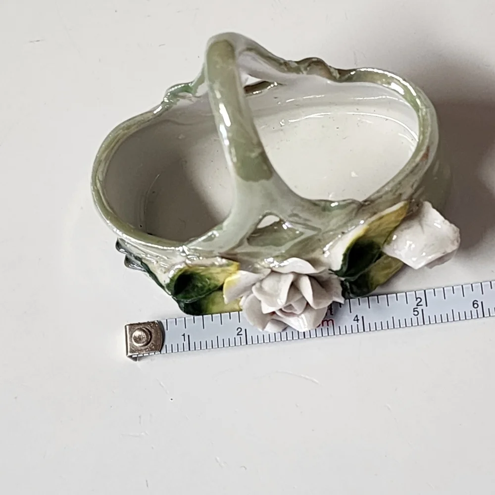 Vtg German Elfinware Porcelain Lusterware Green Miniature Rose Floral Basket